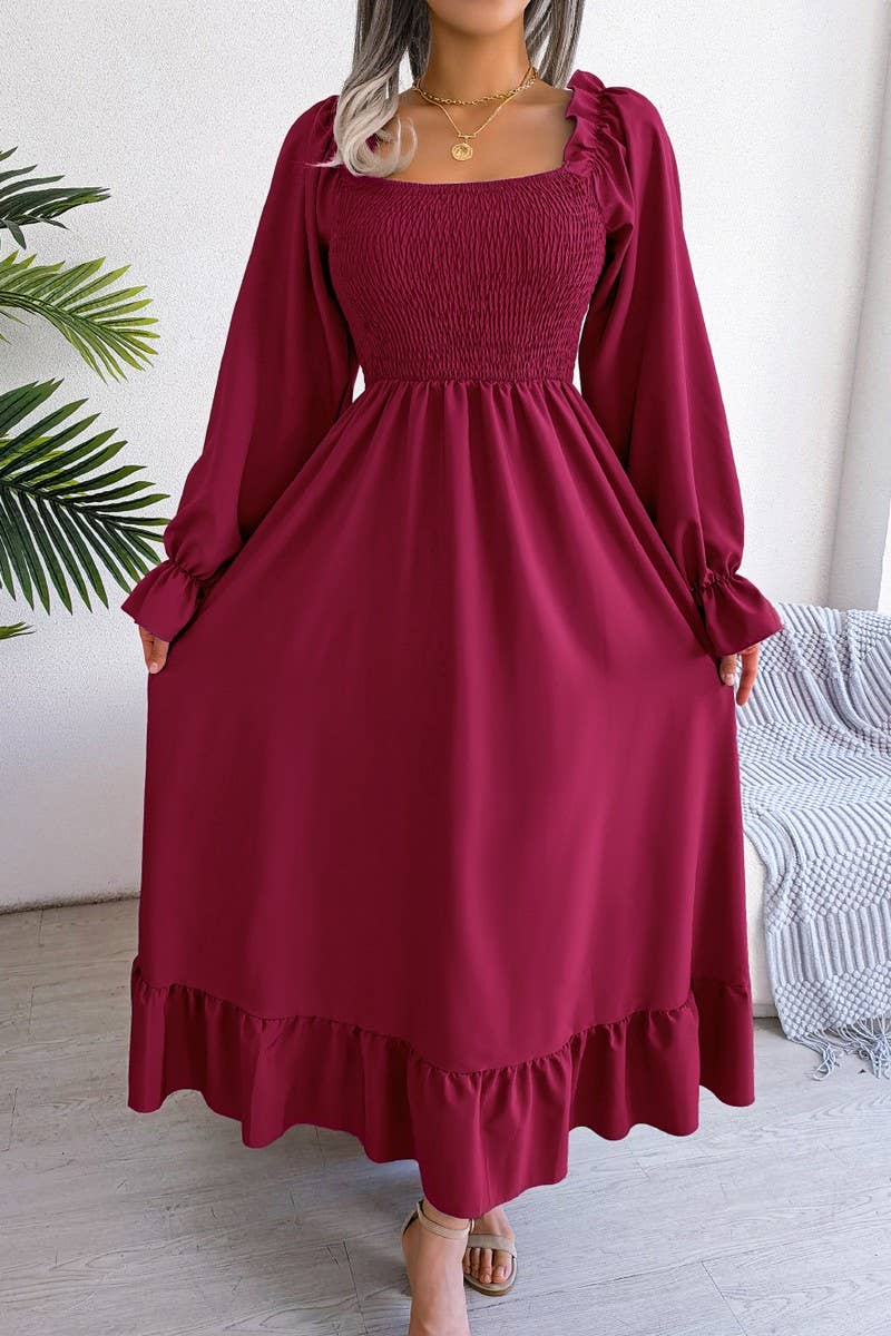 SQUARE NECK LARGE SWING FLOUNCES LONG DRESS_CWDMD1165: GREEN / (XL) 1