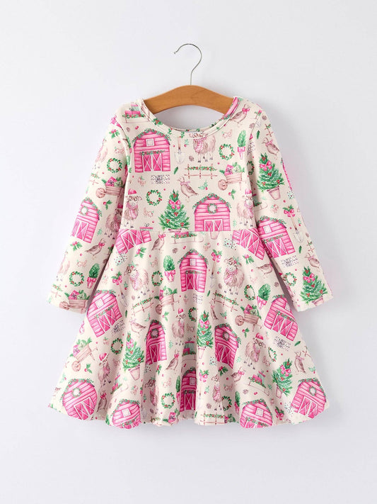 Pink Farmhouse Theme Toddler Girl Dress: Christmas Spirit Outfit: 8/9