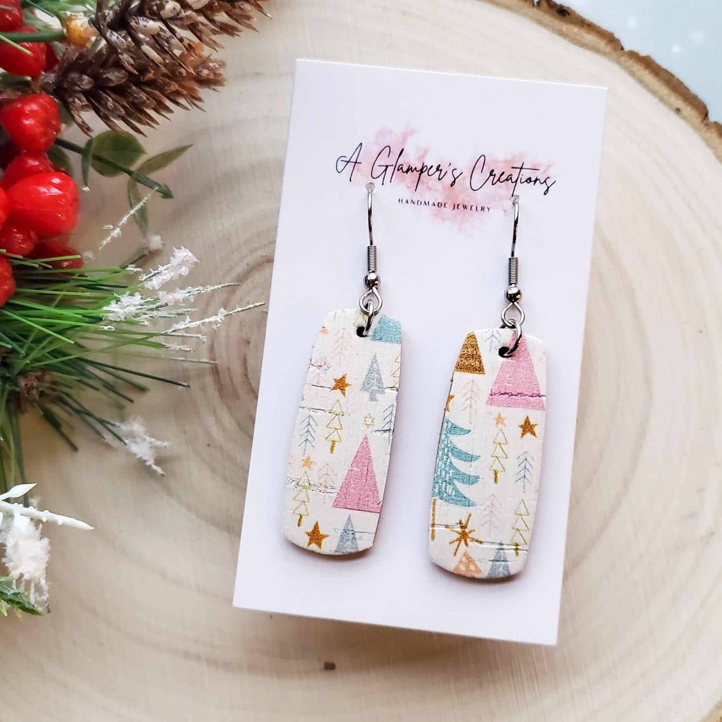 Pink & Teal Christmas Tree Mini Bar Leather Earrings