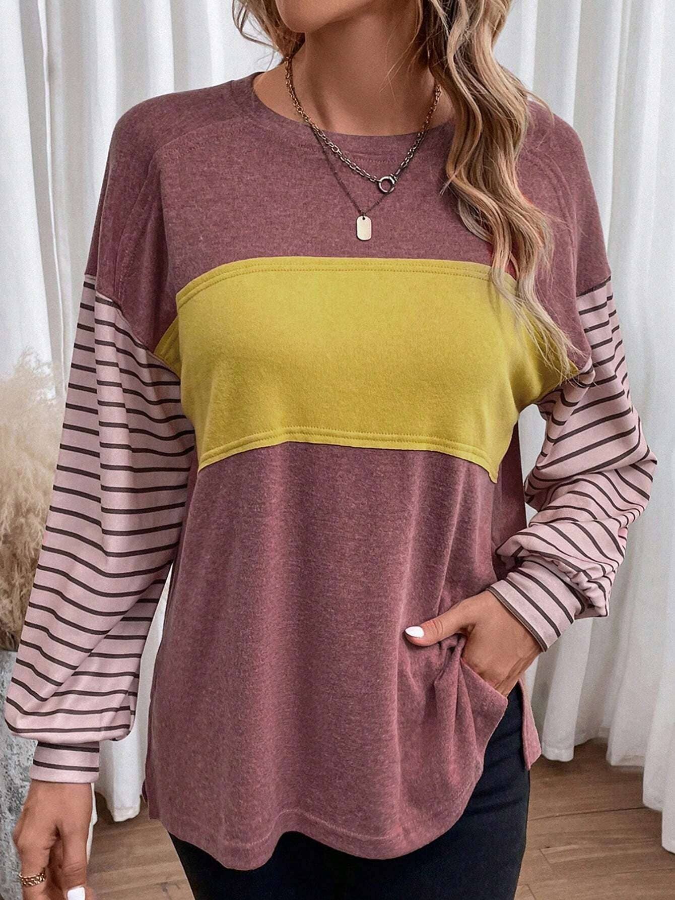 Colorblocked fall sloucy striped long-sleeved sweatshirts: Green / XL