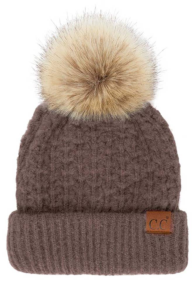 C.C Smocking Stitch Pattern Cuff Beanie with Pom Winter Hat: Beige