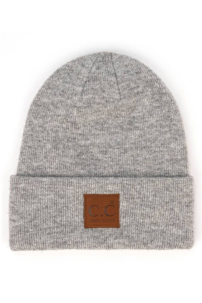 C.C Heather Knit Suede Patch Beanie Winter Hat: Moss