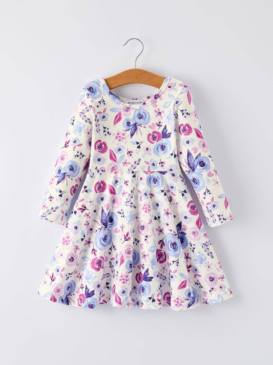 Spring and Autumn Purple Floral Baby Girl Dress with Long Sleeves: 2
