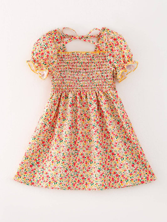 Smocking Orange Floral Print Short Sleeve dress: 3