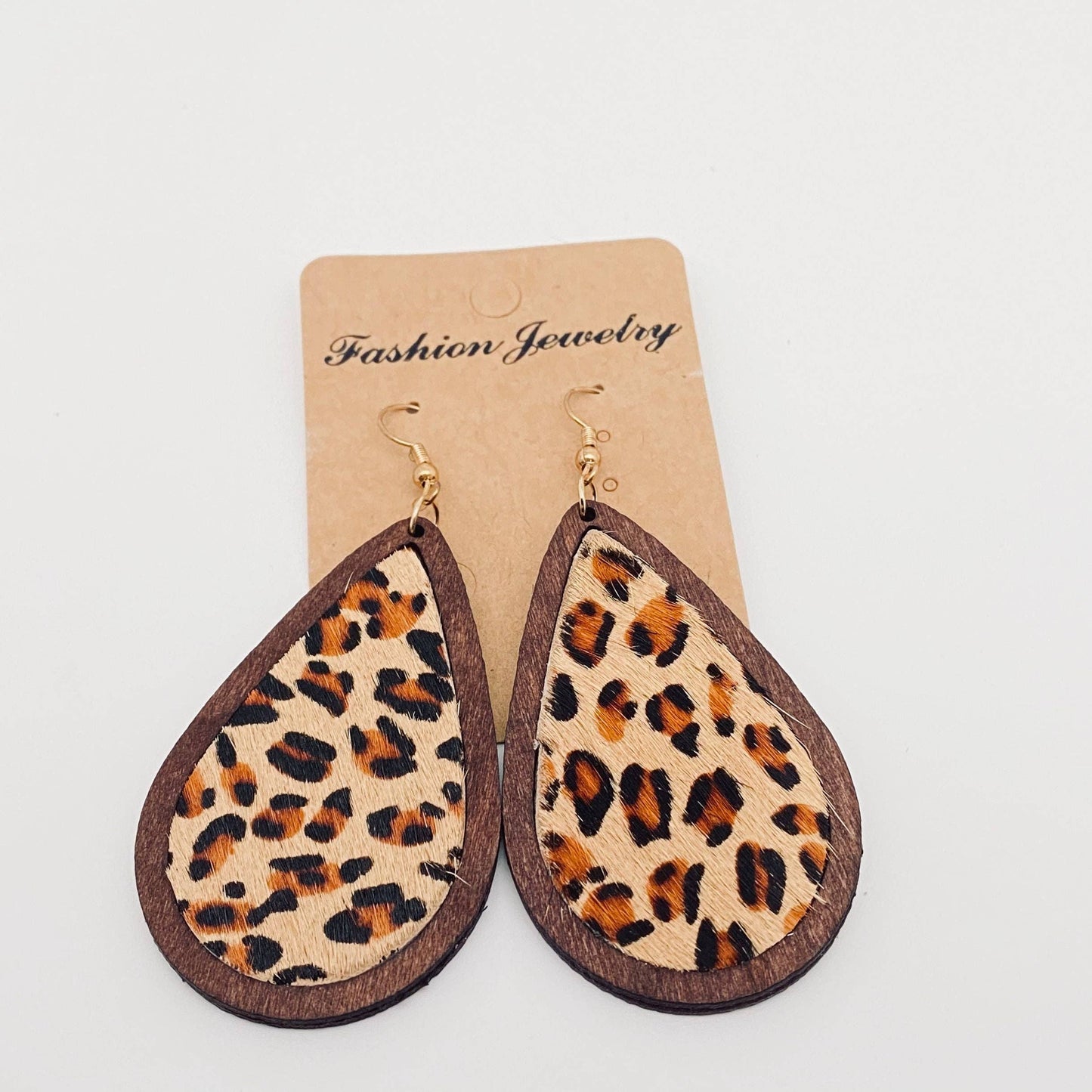 Leopard-print Horsehair Cowhide Wooden Drop Earrings - WJ: 2
