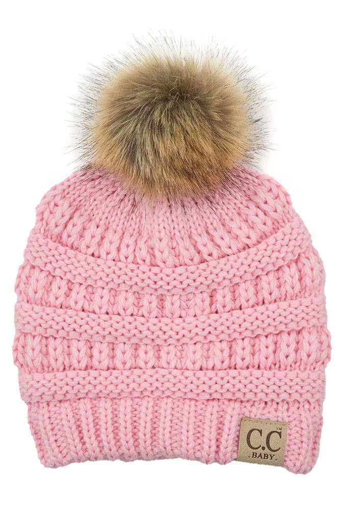 C.C Solid Ribbed Infant Natural Fur Pom Beanie: Light Melange Gray