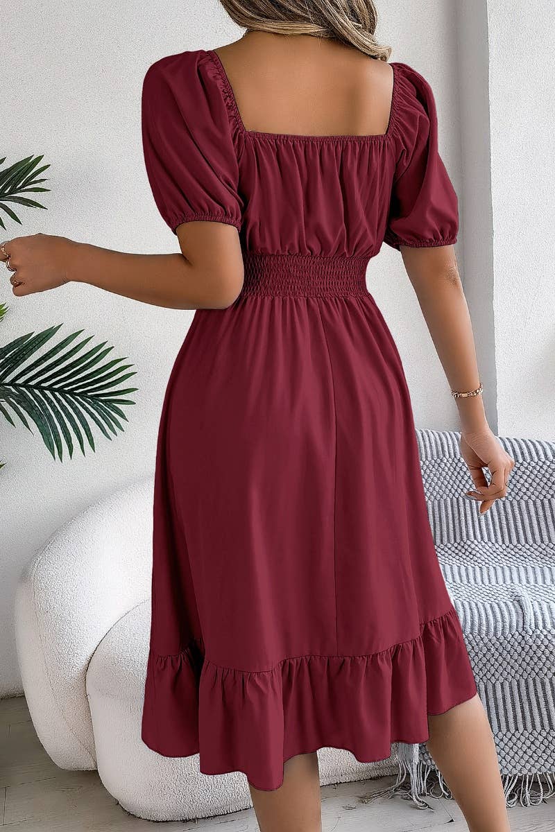 CWDSD4632_SQUARE NECK SHORT SLEEVE WAIST PEPLUM DRESS: KHAKI / (XL) 1