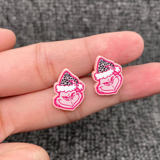 Christmas Jewelry Acrylic Pink Grinch Ear Studs
