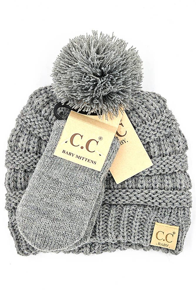 C.C Baby Solid Ribbed Pom Beanie and Mitten Glove: Light Melange Gray