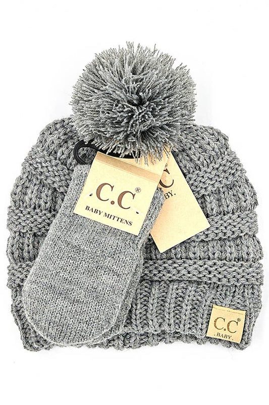 C.C Baby Solid Ribbed Pom Beanie and Mitten Glove: Light Melange Gray