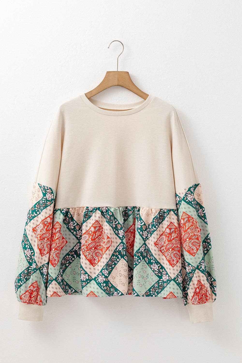 Jet Stream Paisley Geometric Patchwork Crew Neck Loose Fit Top: Jet Stream / 85%Polyester+10%Cotton+5%Elastane / M