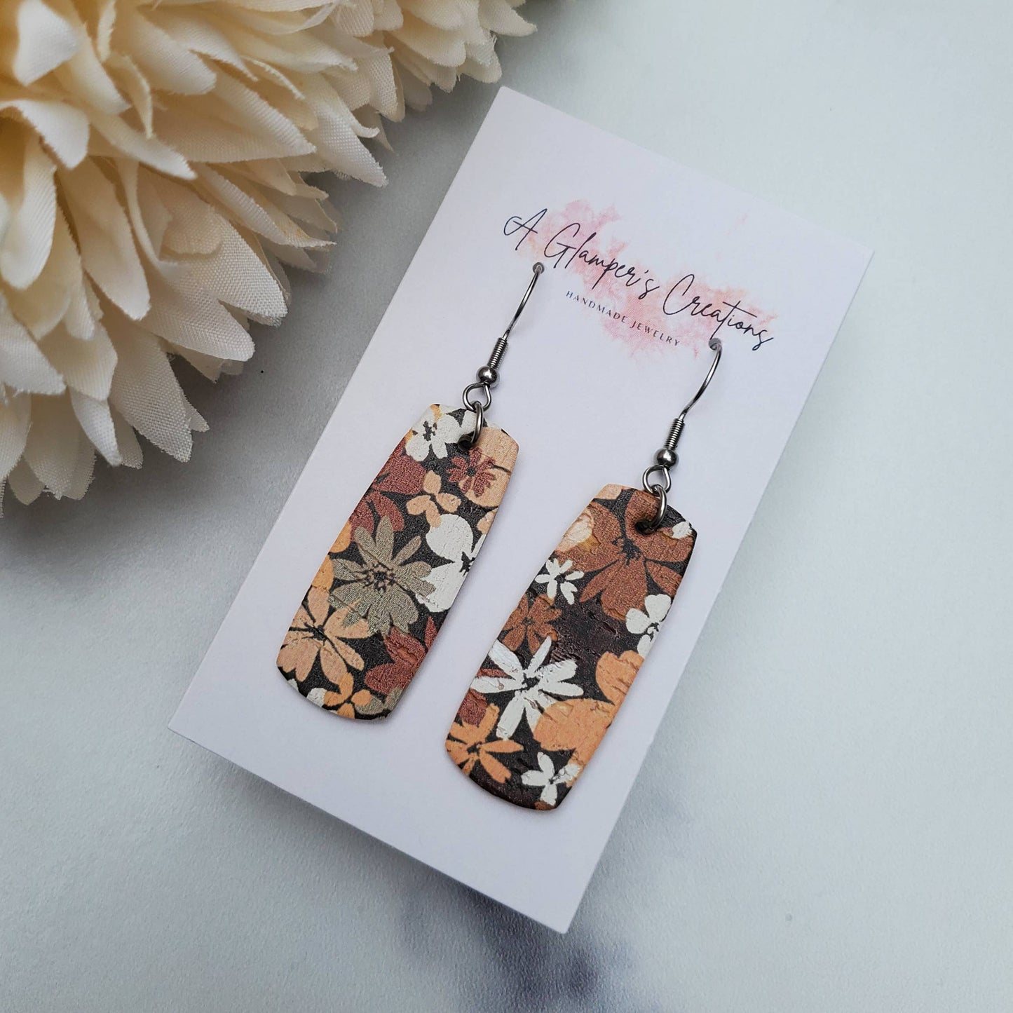 Fall Retro Brown Floral Mini Bar Leather Earrings