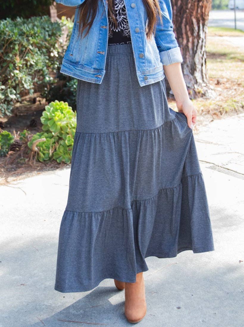 Tiered Celeste Maxi Skirt: Charcoal Gray / XL 12-14