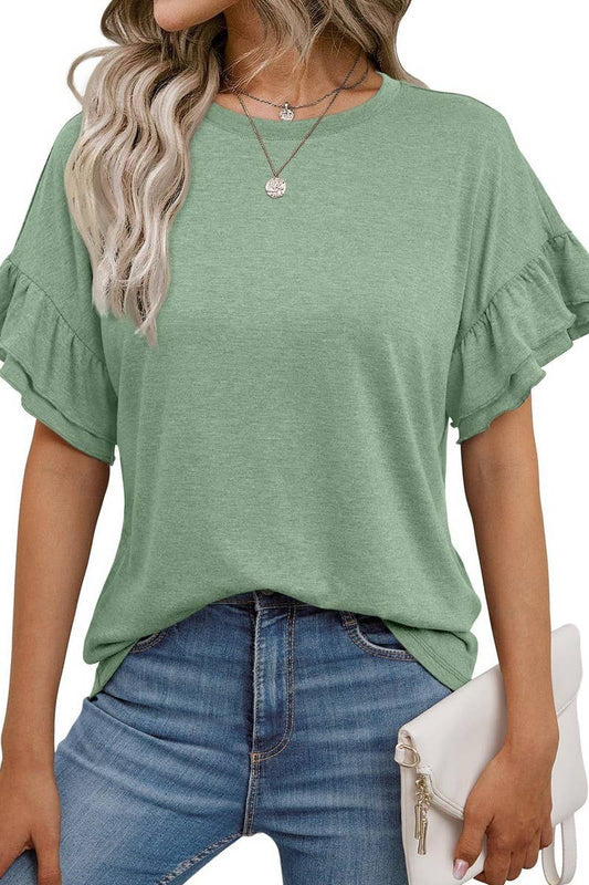 CWTBLS1620_SOLID COLOR ROUND NECK RUFFLE SLEEVE TOP: PEAGREEN / (XXL) 1