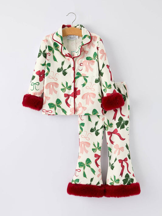 Holiday Bow Print Christmas Pajama Set – Girls Cozy Red Trim Sleepwear: 6