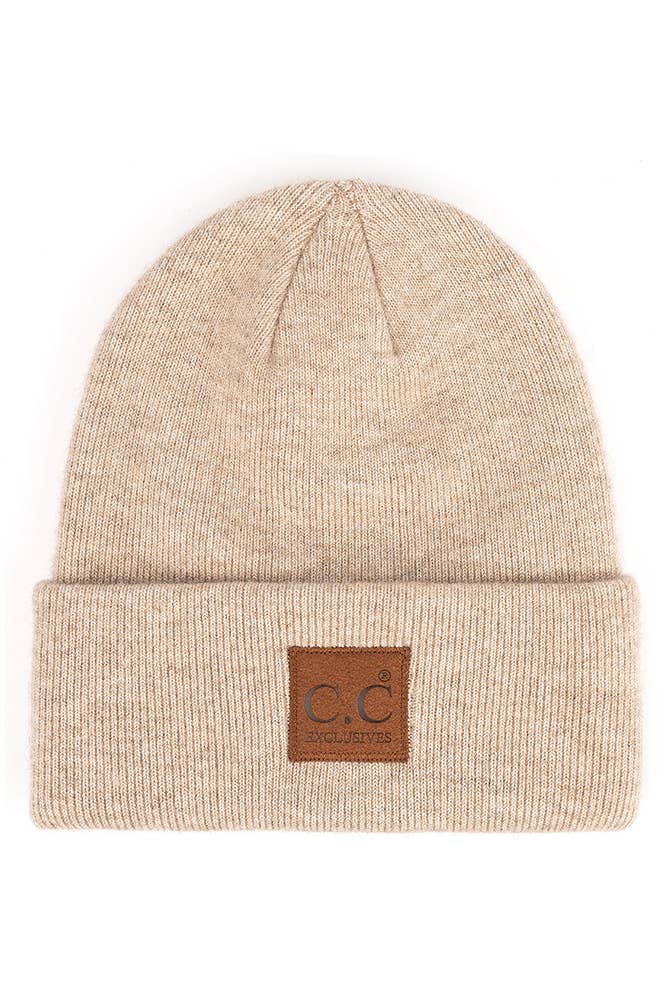 C.C Heather Knit Suede Patch Beanie Winter Hat: Moss