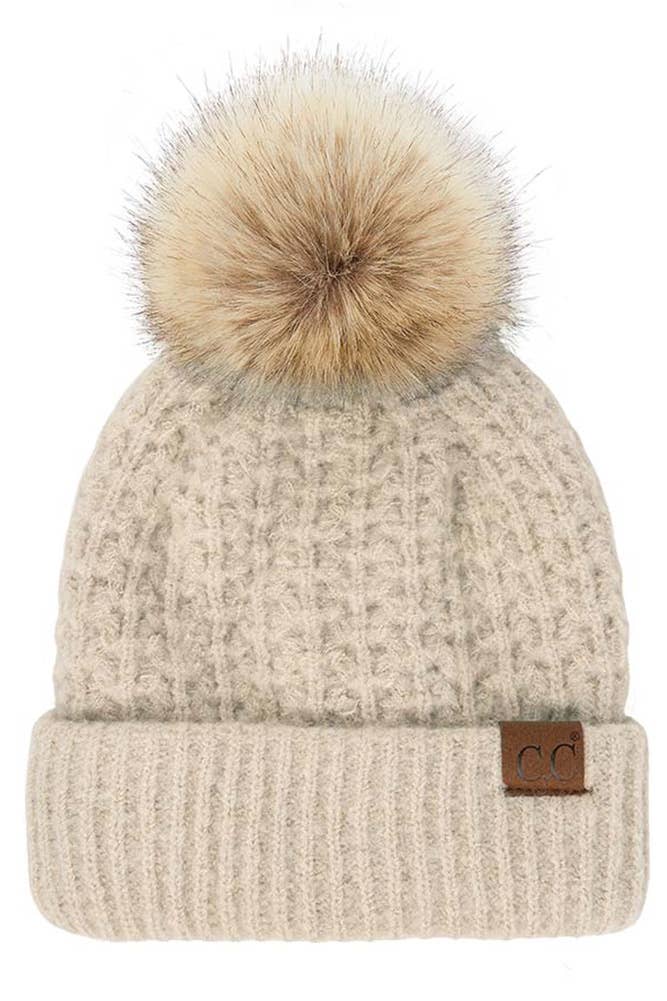 C.C Smocking Stitch Pattern Cuff Beanie with Pom Winter Hat: Beige