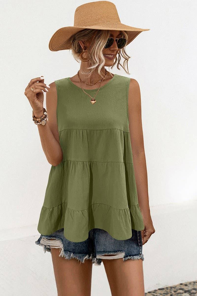 CWTBLS1597_LOOSE ROUND NECK SLEEVELESS VEST WITH LARGE SWING: GREY / (S) 1