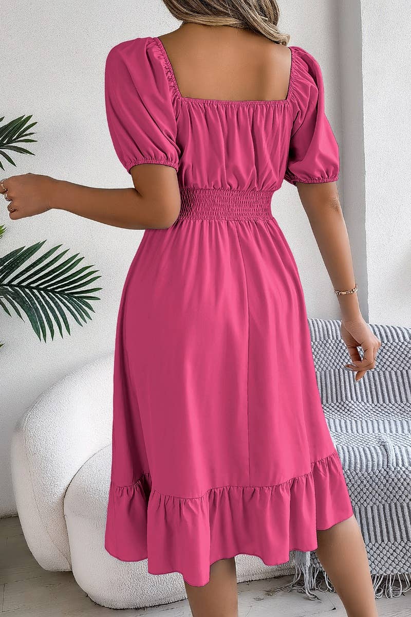 CWDSD4632_SQUARE NECK SHORT SLEEVE WAIST PEPLUM DRESS: KHAKI / (M) 1