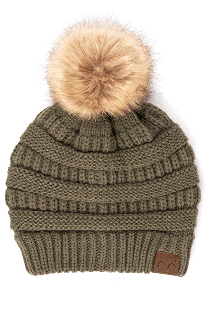 C.C Solid Ribbed Knit Beanie With Pom: Dark Purple