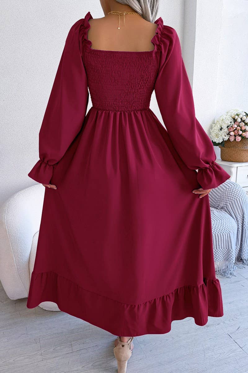 SQUARE NECK LARGE SWING FLOUNCES LONG DRESS_CWDMD1165: RED / (L) 1