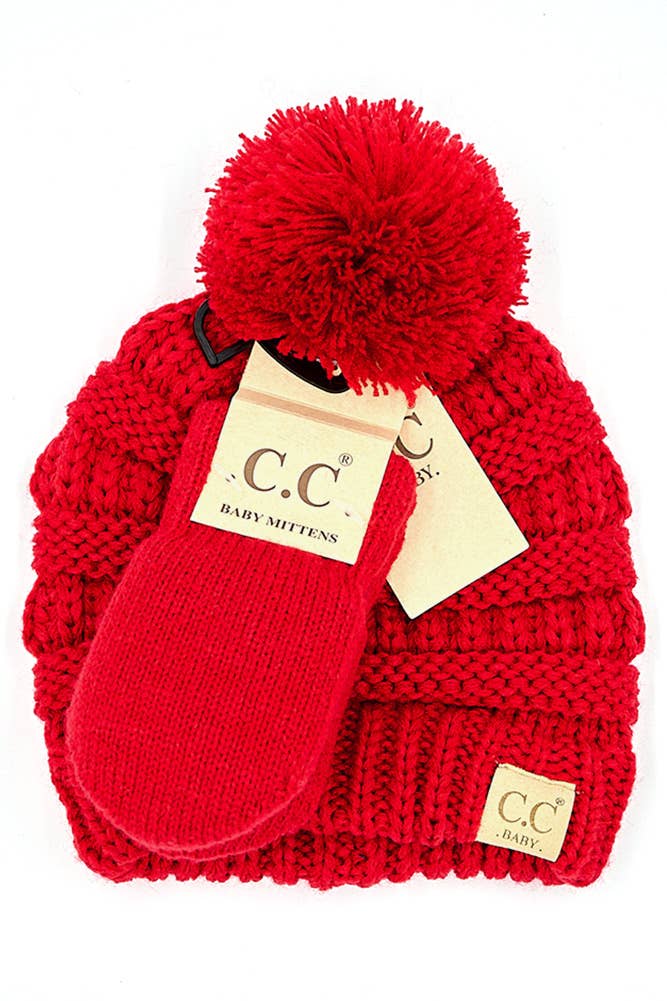 C.C Baby Solid Ribbed Pom Beanie and Mitten Glove: Indi Pink