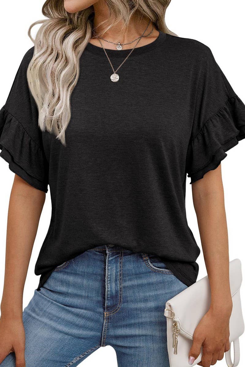 CWTBLS1620_SOLID COLOR ROUND NECK RUFFLE SLEEVE TOP: PEAGREEN / (S) 1