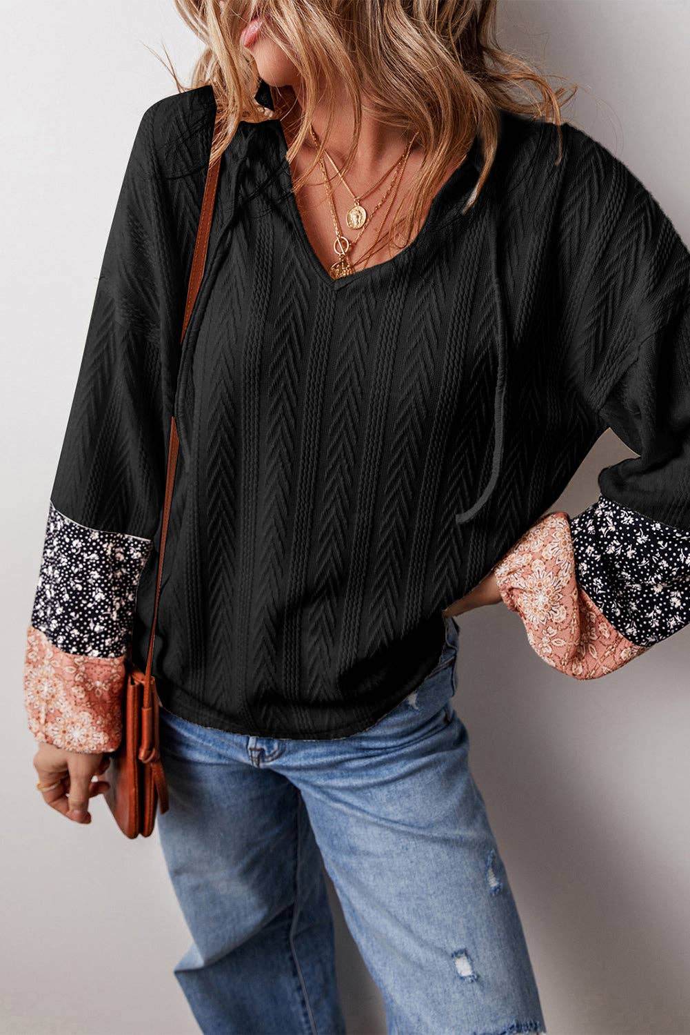 Floral Patchwork Textured Knit Drawstring V Neck Blouse: Dusty Pink / 97%Polyester+3%Elastane / S