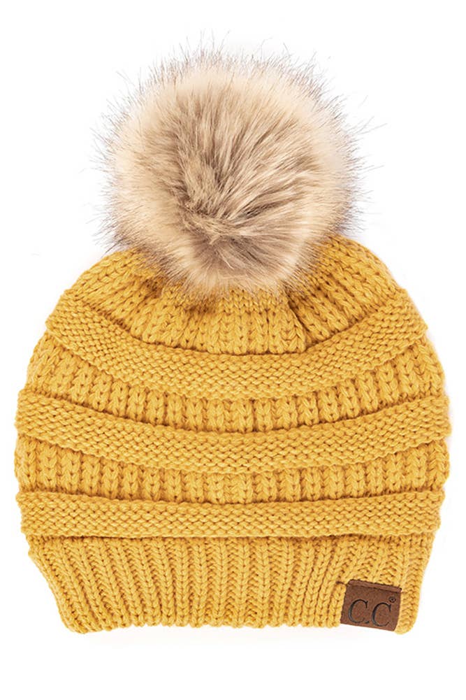 C.C Solid Ribbed Knit Beanie With Pom: Golden Walnut