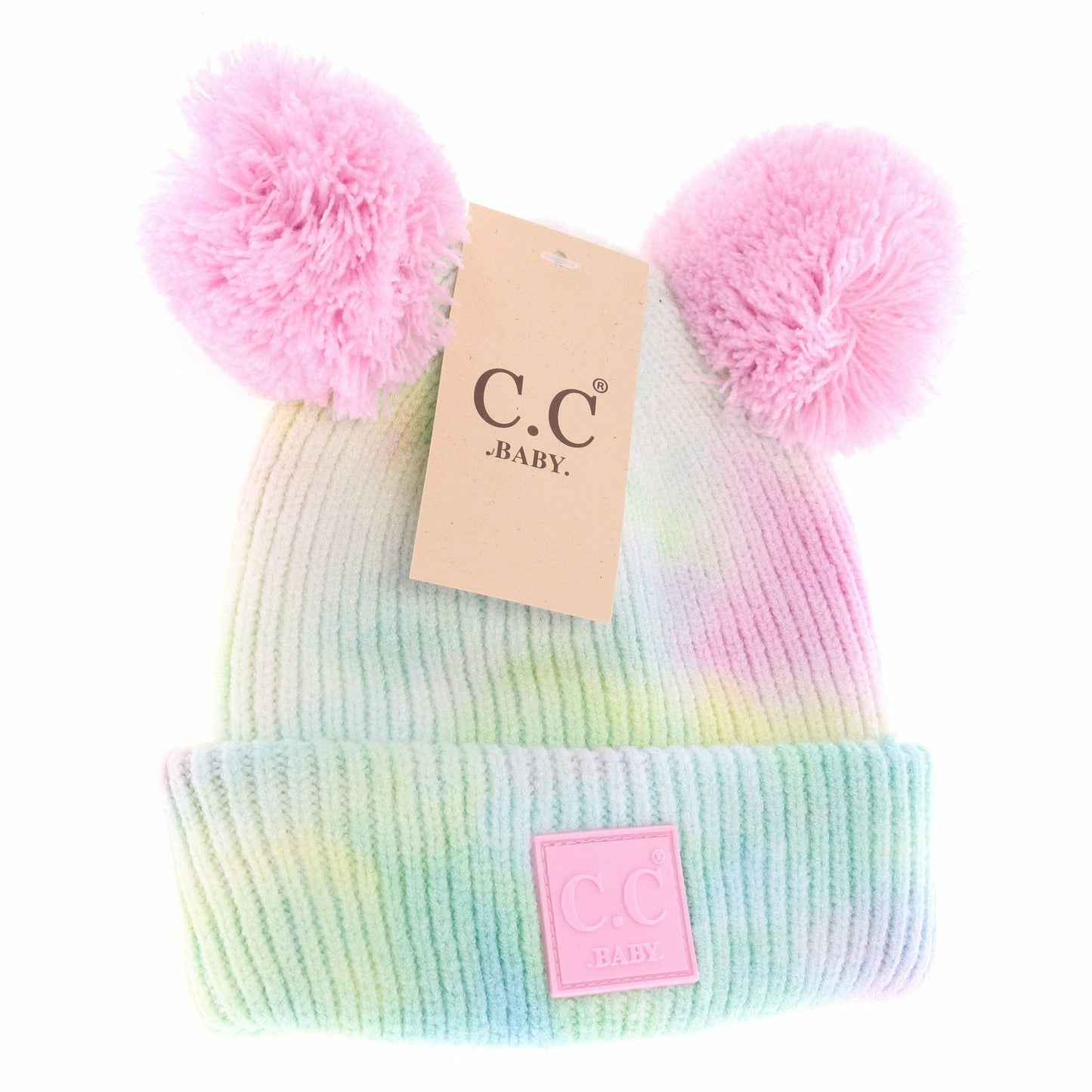 Baby Tie Dye Double Fur Pom Beanie - Newborn/Knit Hat: Cotton Candy