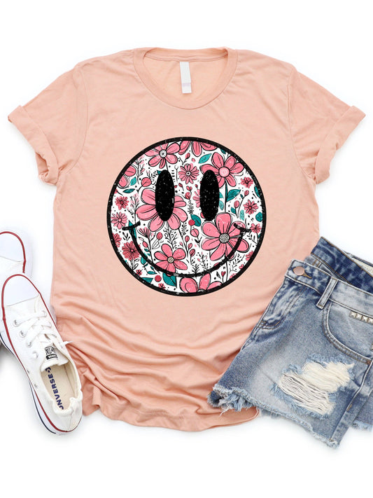Floral Smiley - Graphic Tee: Peach / Large
