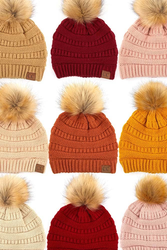 C.C Solid Ribbed Knit Beanie With Pom: Golden Walnut