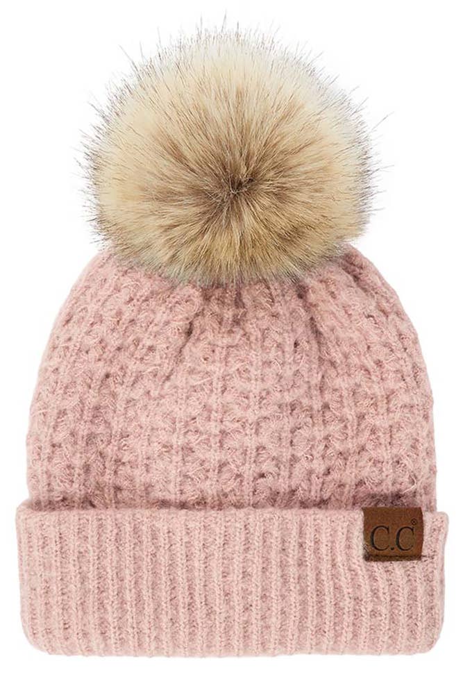 C.C Smocking Stitch Pattern Cuff Beanie with Pom Winter Hat: Beige