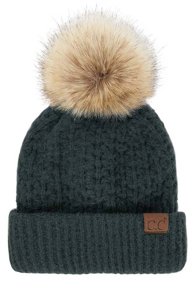 C.C Smocking Stitch Pattern Cuff Beanie with Pom Winter Hat: Beige