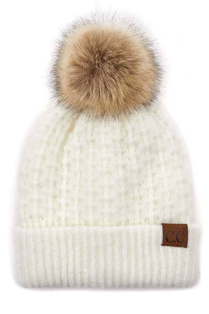 C.C Smocking Stitch Pattern Cuff Beanie with Pom Winter Hat: Beige