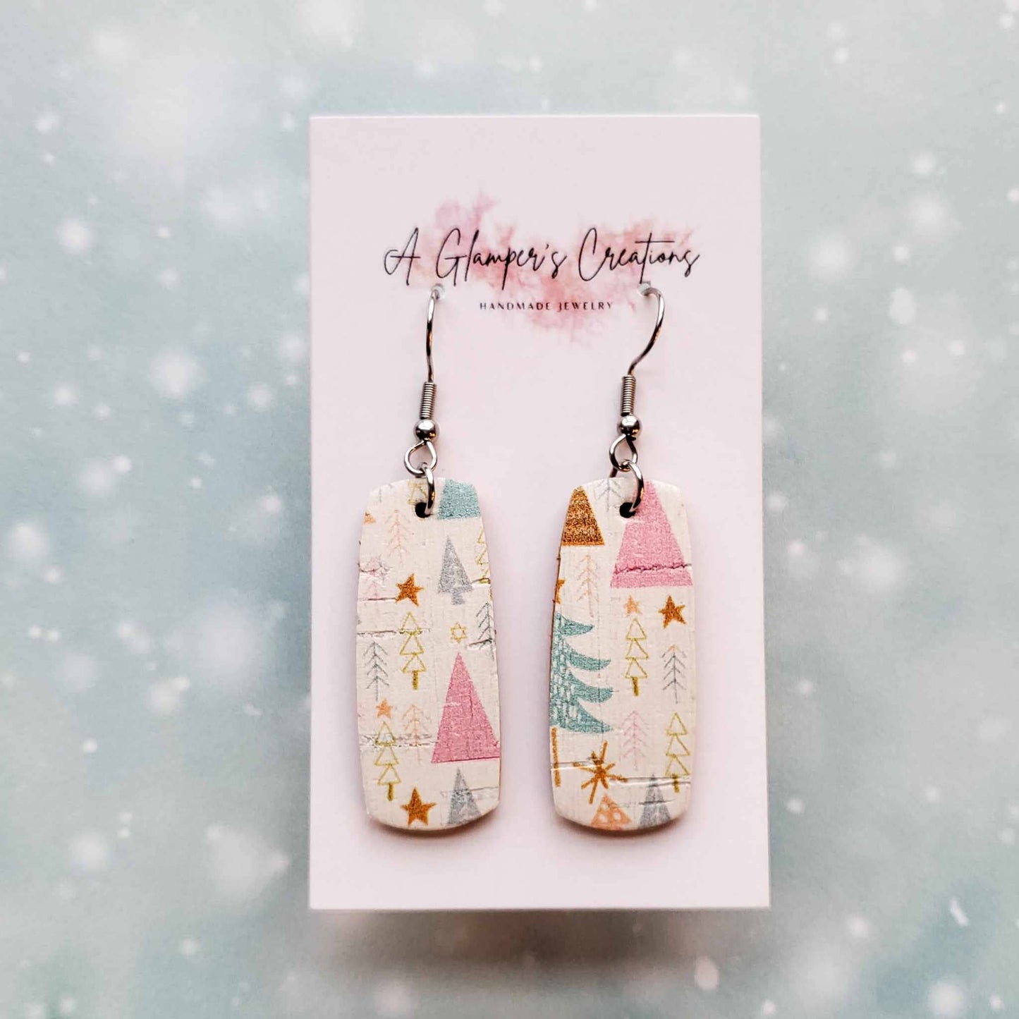 Pink & Teal Christmas Tree Mini Bar Leather Earrings