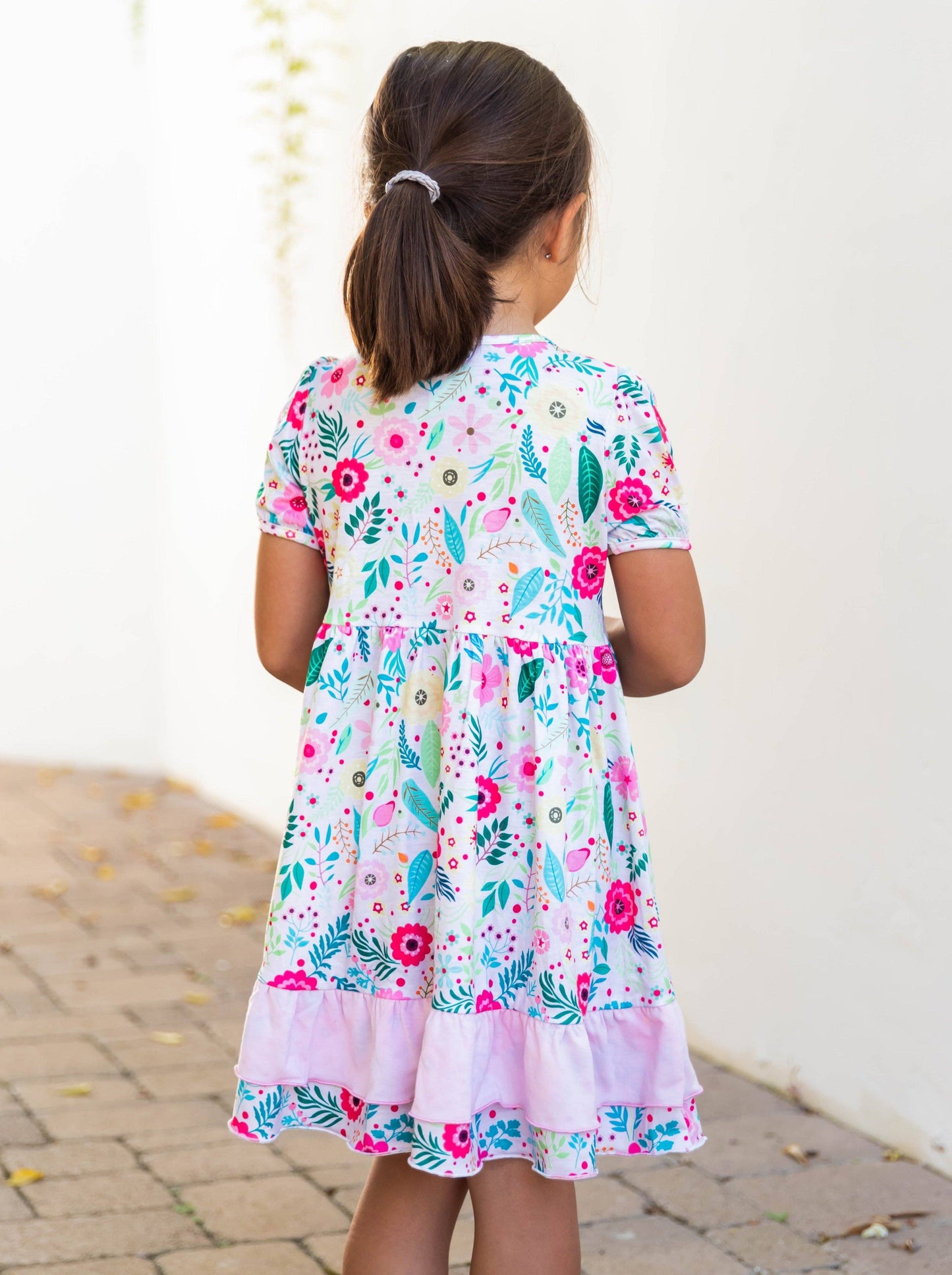 Contrast Ruffle Patterned Little Girl Dress: Pink Bows / XL - 8-9Y