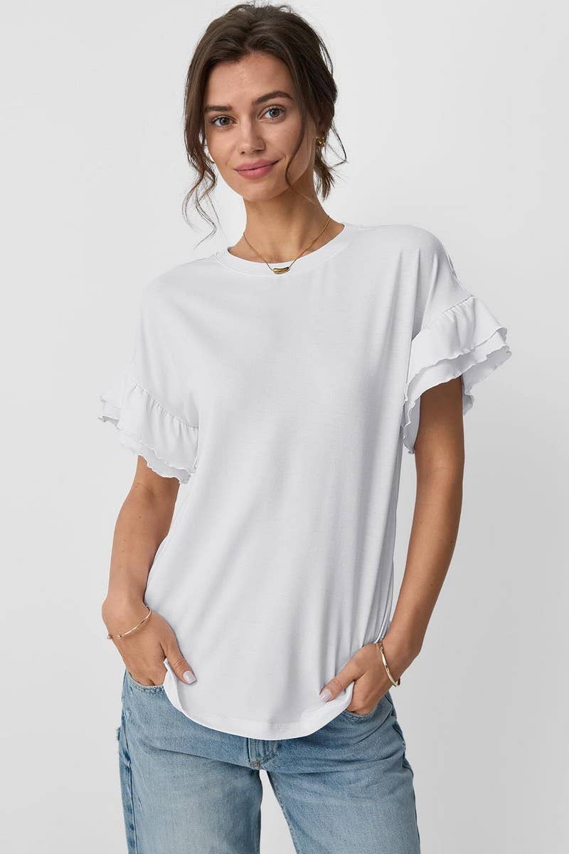 CWTBLS1620_SOLID COLOR ROUND NECK RUFFLE SLEEVE TOP: PEAGREEN / (S) 1