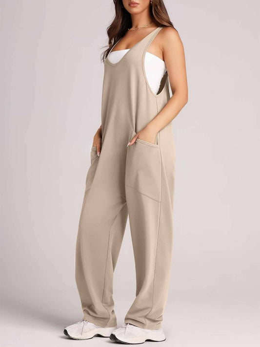 Pocket Sleeveless Knit Jumpsuit Pants: Beige / L