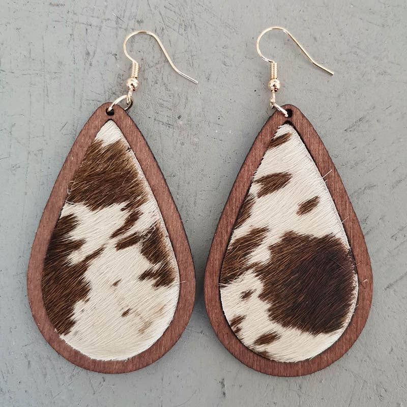 Leopard-print Horsehair Cowhide Wooden Drop Earrings - WJ: 2