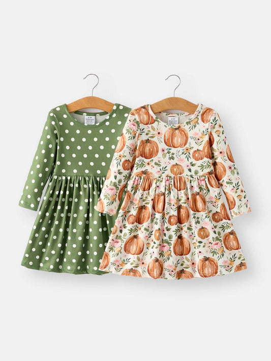 Fall Thanksgiving & Halloween Pumpkin Floral Print Long Sleeve Dress（2pcs）: 3/4Y