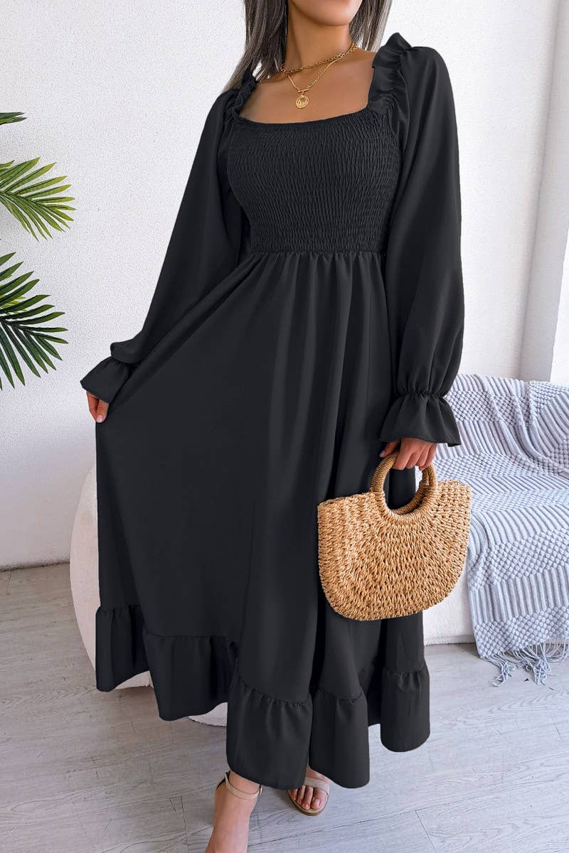 SQUARE NECK LARGE SWING FLOUNCES LONG DRESS_CWDMD1165: GREEN / (S) 1