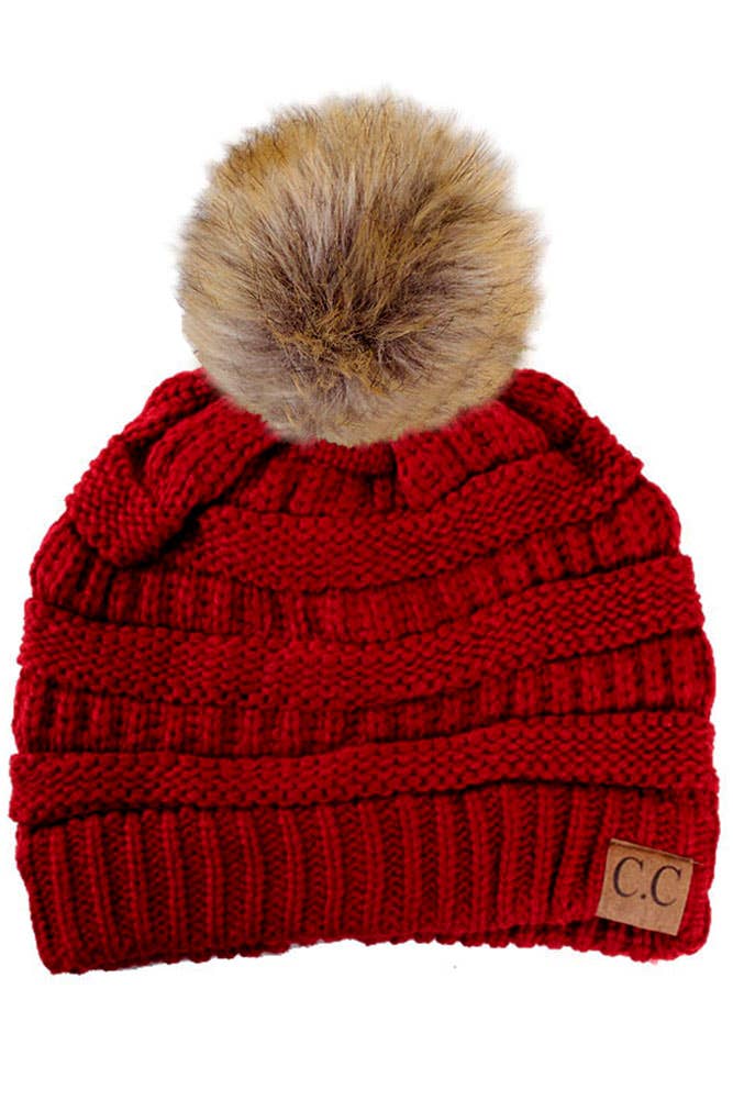 C.C Solid Ribbed Knit Beanie With Pom: Monaco