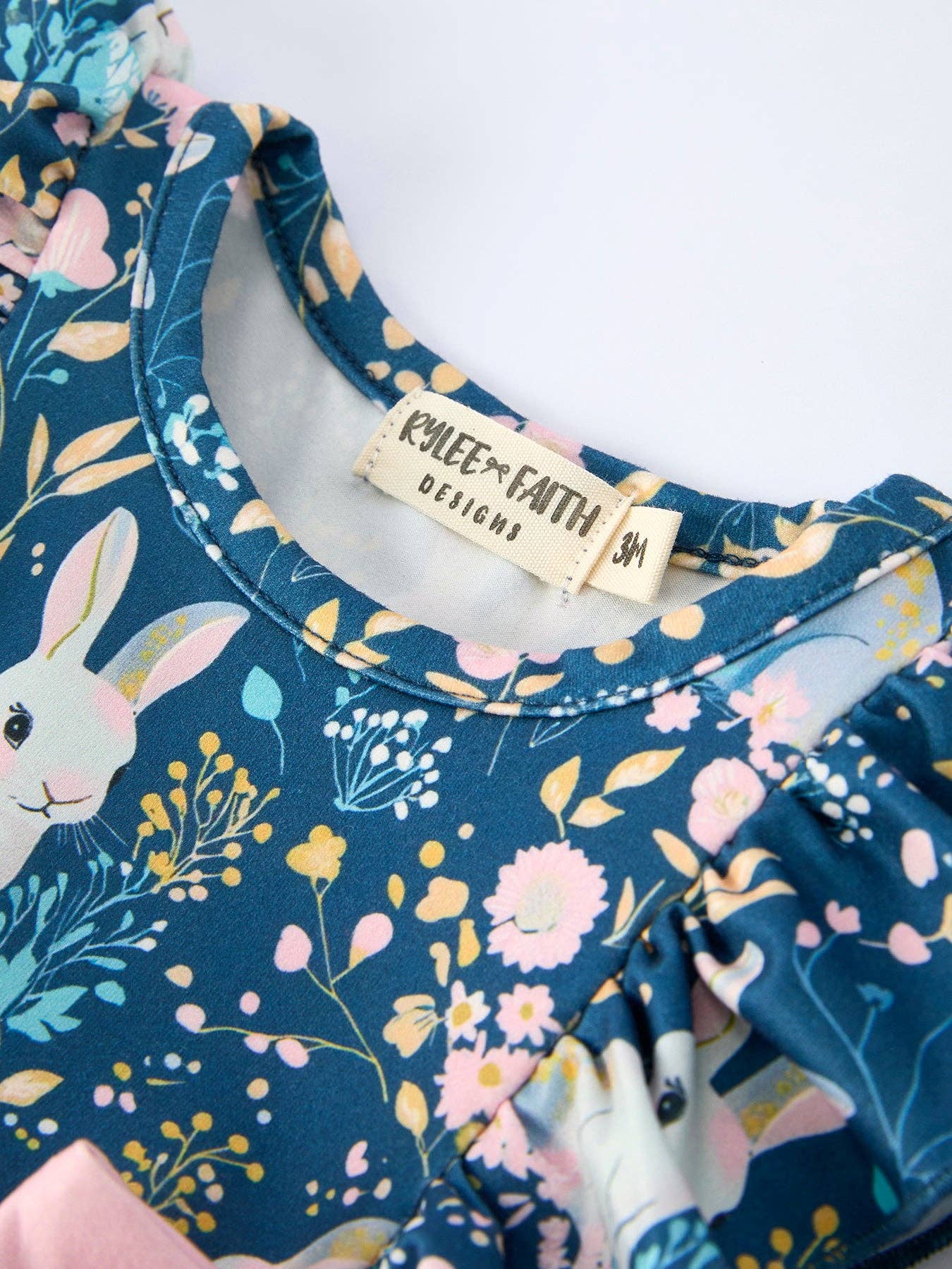 Teal Easter Bunny Garden Ruffle Sleeve Baby Girls Romper: 12M