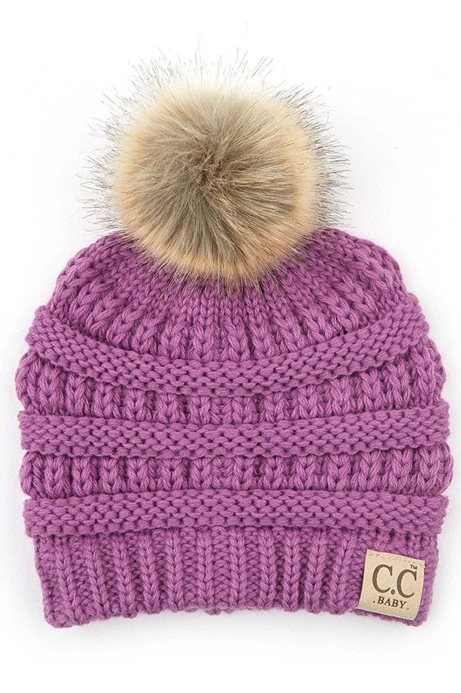 C.C Solid Ribbed Infant Natural Fur Pom Beanie: New Lavender