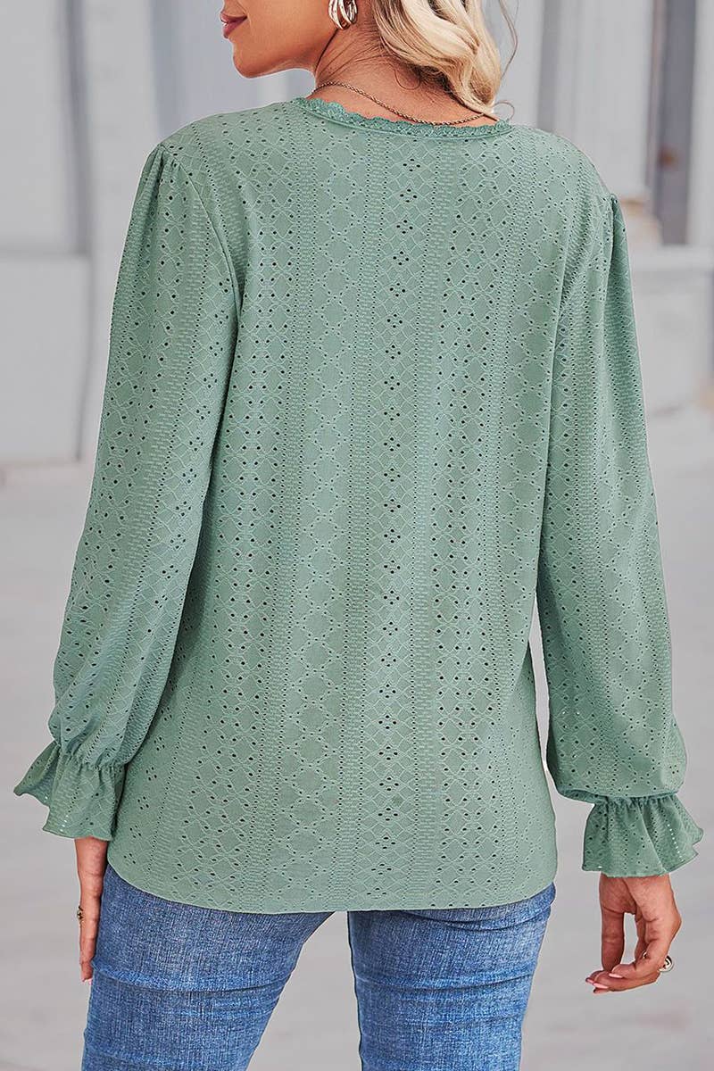 WOMEN LACE TRIM NECK EYELET LONG SLEEVE SHIRT TOP_CWTSTL0301: MAUVE / (XL) 1