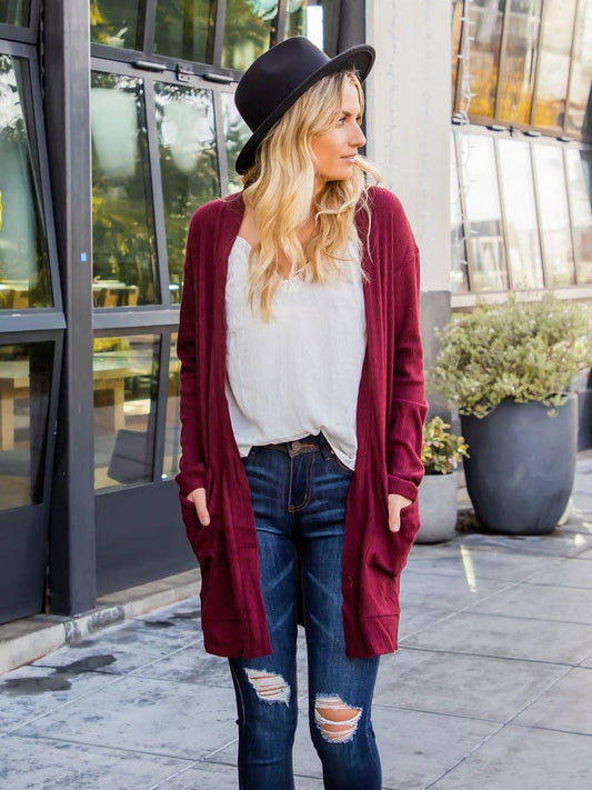 Margeau Soft Ribbed Cardigan: Dark Red / X-Large