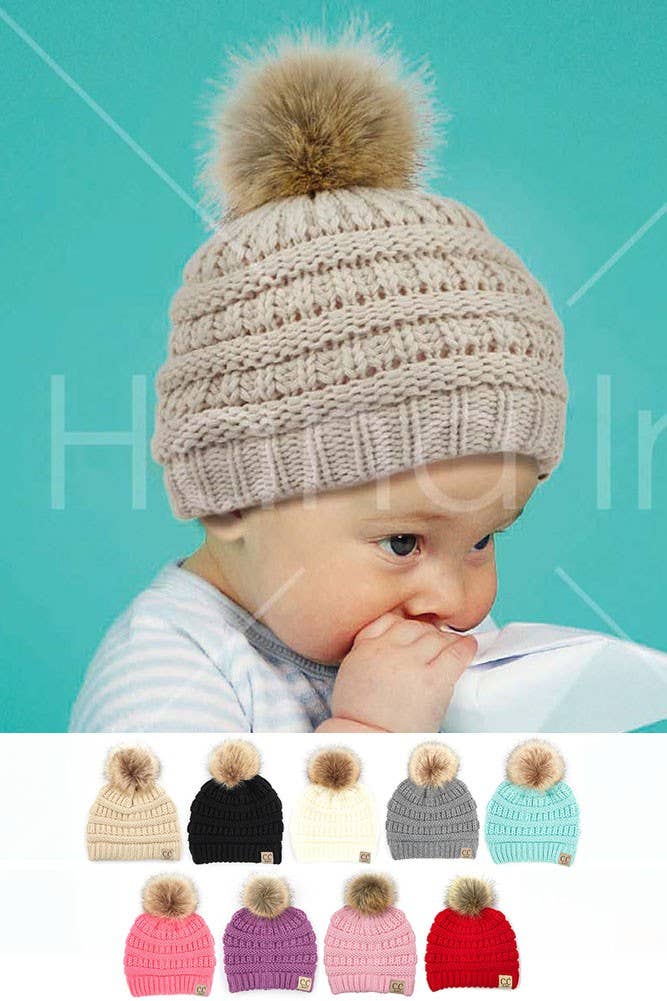 C.C Solid Ribbed Infant Natural Fur Pom Beanie: New Lavender