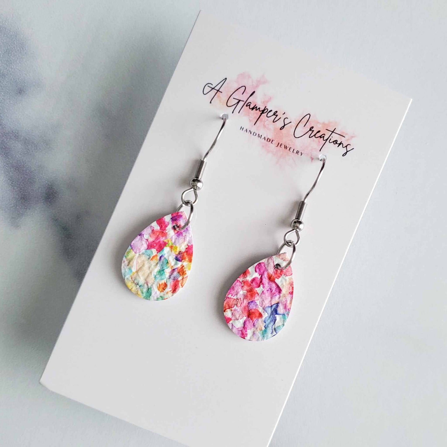 Watercolor Floral MINI Teardrop Leather Earrings