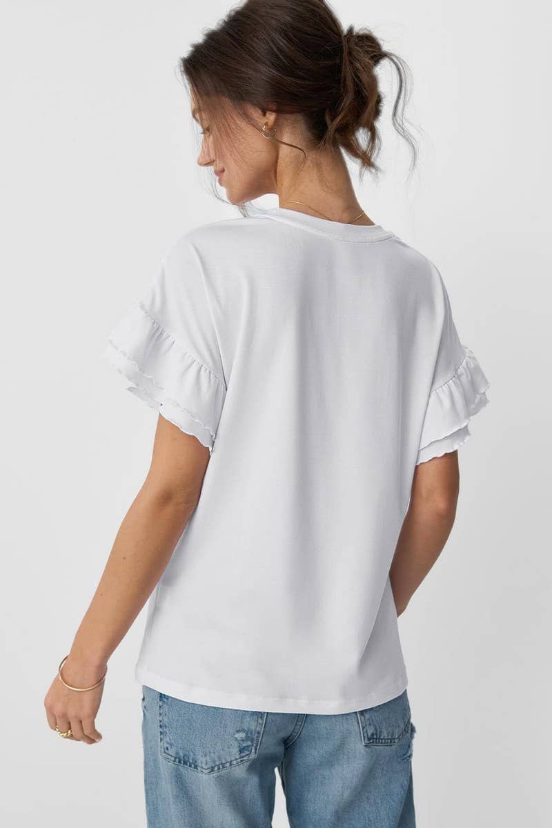 CWTBLS1620_SOLID COLOR ROUND NECK RUFFLE SLEEVE TOP: PEAGREEN / (S) 1